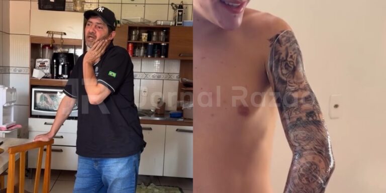 Pai reage após filho fechar o braço de tatuagem em SC e vídeo viraliza pai-reage-apos-filho-fechar-o-braco-de-tatuagem-em-sc-e-video-viraliza