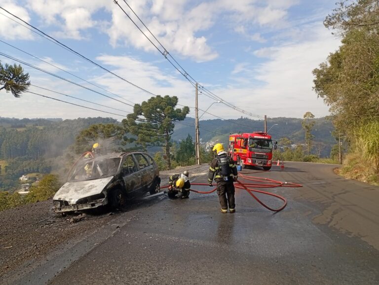 Veículo é destruído por incêndio na SC-283 veiculo-e-destruido-por-incendio-na-sc-283